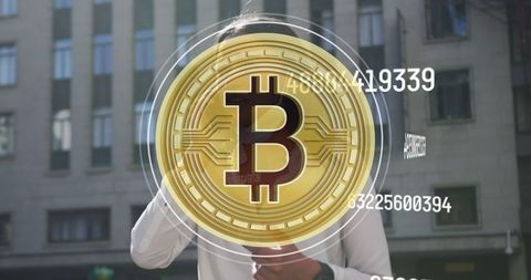 Bitcoin Overlay on Busy Businesswoman Engaging Outdoors