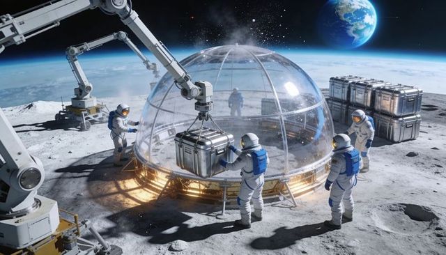 Lunar habitat construction astronauts guiding robotic arm lowering cargo into glass dome