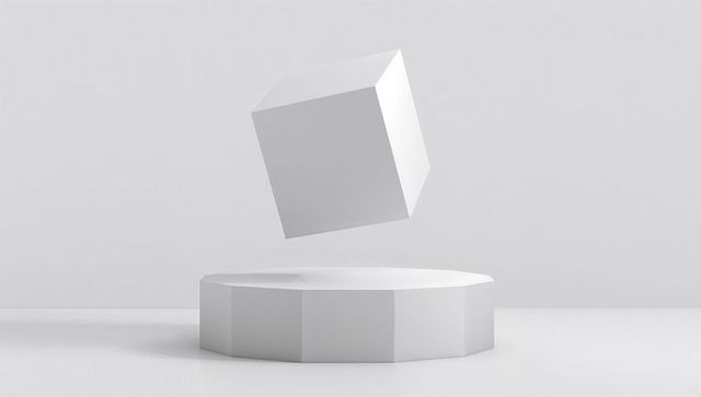 Levitating White Cube Above Octagonal Pedestal in Minimalist Studio
