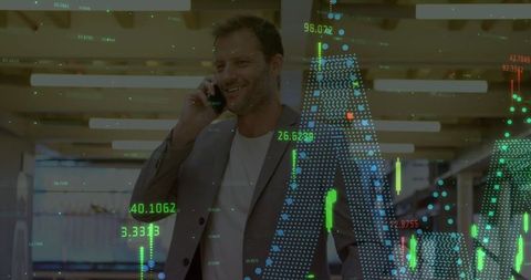 Businessman Phone Call with Digital Financial Data Overlay
