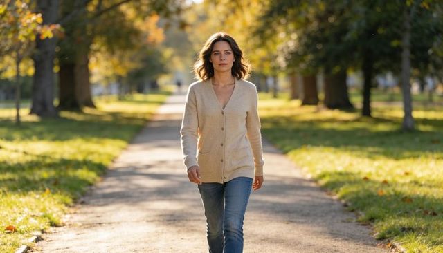 Woman walking through autumn park path wearing cardigan and jeans in soft sunlight