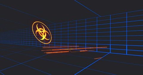 Neon Holographic Biohazard Emblem Floating in Futuristic Grid Passage with Orange Accents