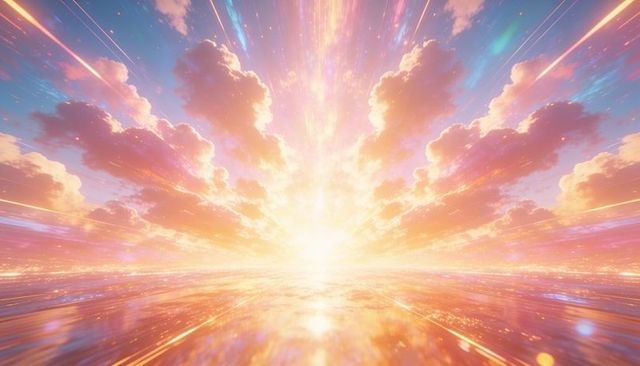 Radiant sunrise over reflective ocean horizon with pastel clouds and light beams
