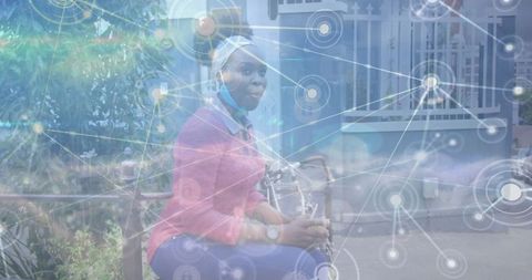 Digital Interface Overlay on Woman Wearing Face Mask Outdoors