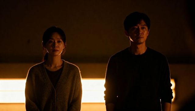 Backlit couple standing in warm strip light, moody interior portrait, contemplative