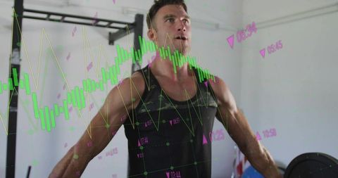 Muscular athlete training with augmented reality charts overlay for strength workout