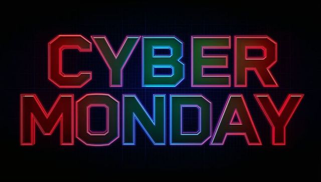 Cyber Monday Neon Glowing Futuristic Text Banner with Retro Tech Grid