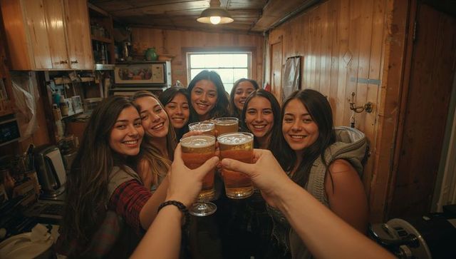Female friends toasting craft beer in cozy wooden cabin kitchen during weekend getaway