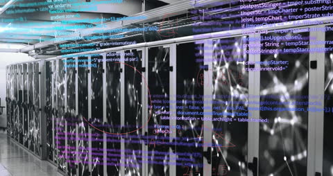 Data Streams Flowing Over High-Tech Server Rack Interface