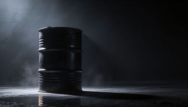 Solitary Steel Drum Sitting on Wet Concrete Casting Dramatic Long Shadow and Rim Light