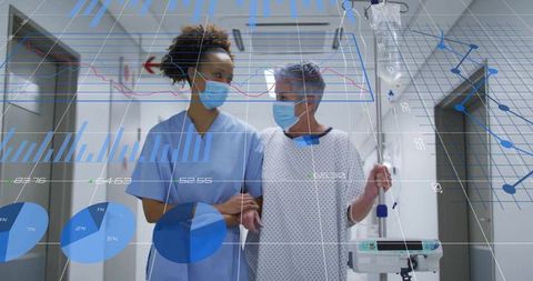 Nurse Supporting Patient in Hospital Corridor with Medical Data Overlay