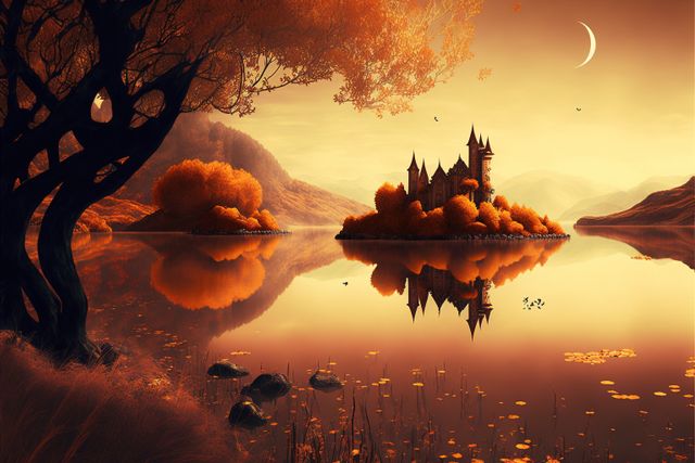 A surreal scene setting features a majestic castle situated on a small island in a tranquil lake during an autumn sunset. The sky is adorned with a crescent moon illuminating the landscape. Orange hues dominate the scene, with vibrant autumn foliage reflected on the serene water. This fantasy-related scene is perfect for storytelling, book covers, fantasy themed art, poster design, or as an inspiring background in digital and print media.