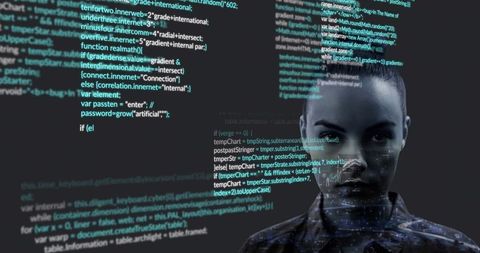 Woman Facing Holographic Code and Futuristic HUD, Cyber Portrait with Teal-Green Glow