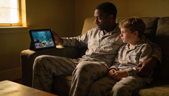 Father and son watching underwater scenes on tablet in matching pajamas, cozy bonding