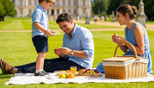 Family enjoying picnic on estate lawn sharing sandwiches and fresh fruit basket in garden
