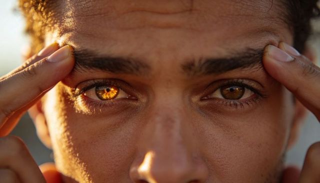 Young man pulling brows to reveal amber eyes bathed in golden sunset catchlight
