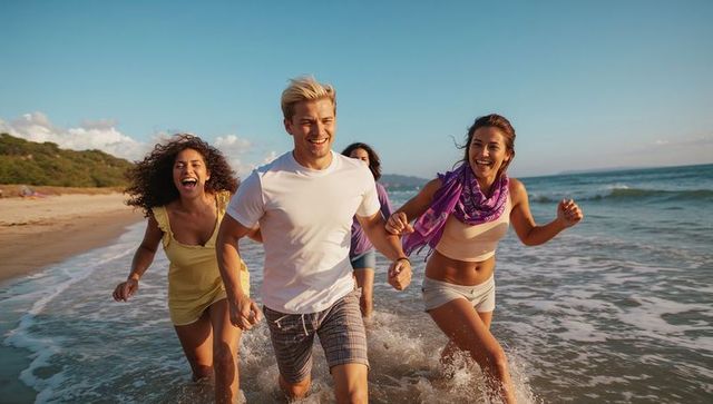 Friends running and laughing through surf on sunny beach with purple scarf, coastal vacation bliss