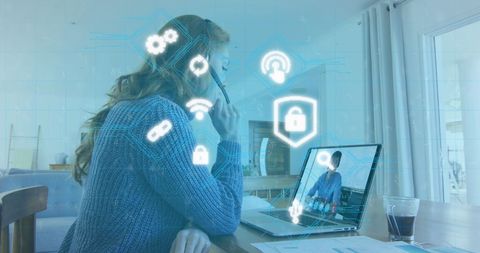 Businesswoman Using Laptop with Virtual Security Interface