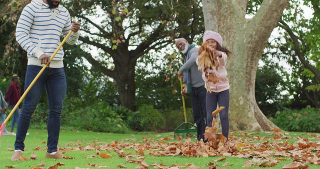 Family Having Fun Raking Leaves in Autumn Park - Download Free Stock Images Pikwizard.com