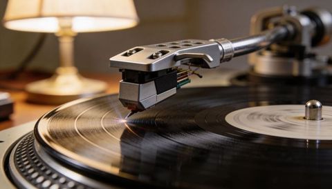 Vintage turntable stylus gliding over spinning vinyl record under warm lamp light