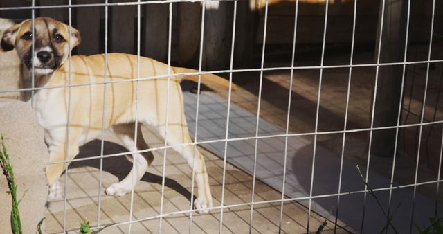 Young dog standing in kennel looking away from camera with sunlight adding contrast. Suitable for animal shelter promotions, pet adoption campaigns, rescue dog advertisements, or articles about animal care and homelessness.