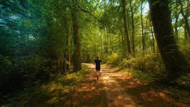 Man Running Through Sunlit Forest Woodland Trail