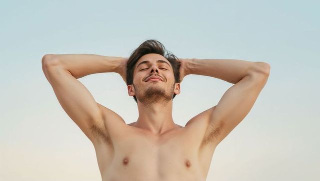 Sunlit relaxed shirtless man raising hands behind head, eyes closed, serene outdoor moment