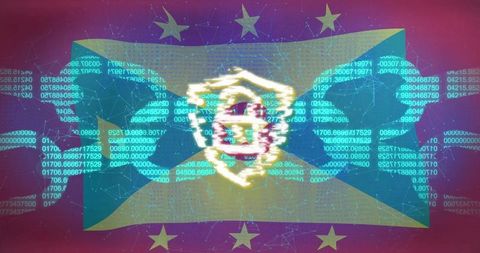 Ecuador Flag in Cyber Network with Digital Coat of Arms