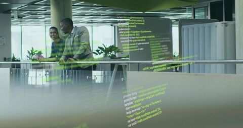 Corporate team meeting with futuristic code overlay