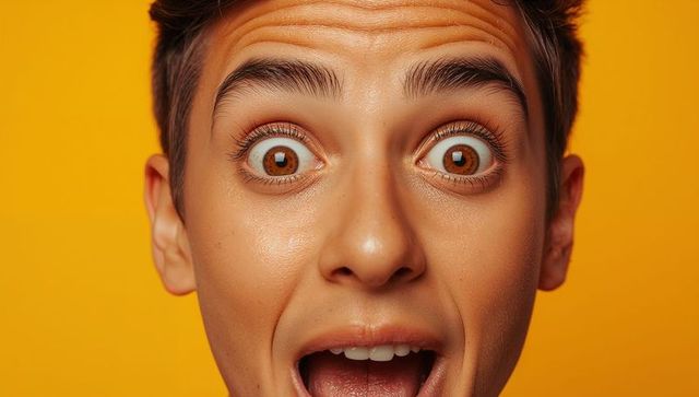 Adolescent boy making surprised face closeup against vibrant orange background, headshot