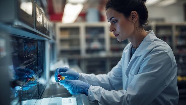 Female scientist handling multicolored vials while monitoring high-tech laboratory analyzer