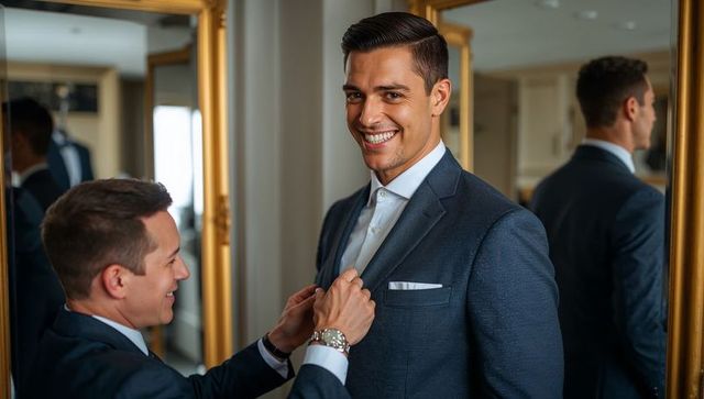 Well-dressed man’s pocket square adjusted, elegant room