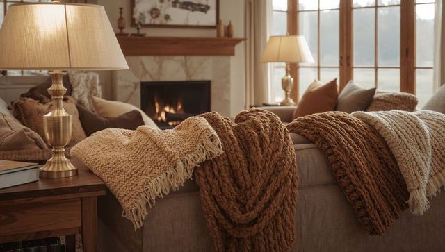 Cozy Rustic Living Room with Chunky Knit Throws by Marble Fireplace
