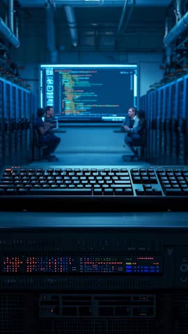 Developers Reviewing Code in Data Center with Keyboard Foreground Vertical IT Collaboration Video