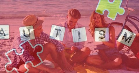 Friends on Beach Promoting Autism Awareness with Creative Puzzle Imagery - Download Free Stock Images Pikwizard.com