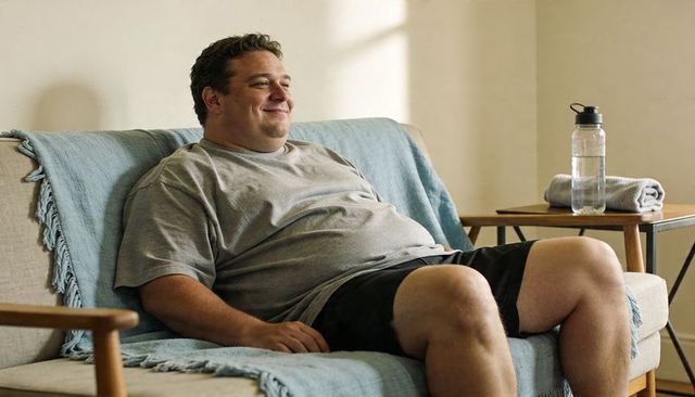 Middle-aged man relaxing on sofa wearing gray tee and black shorts with water bottle