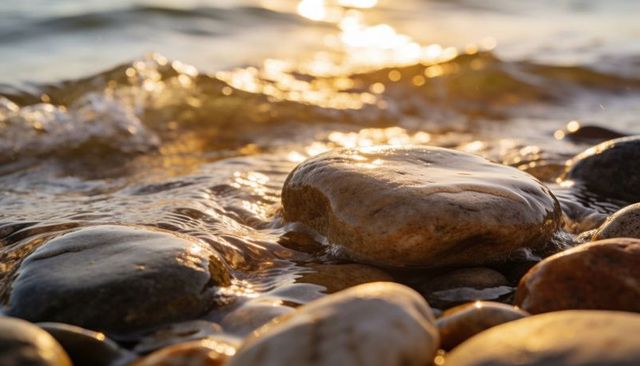 Golden light washing over glossy pebbles reflecting sunset on rocky shoreline