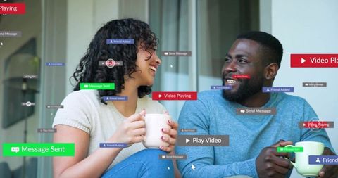 Couple chatting on balcony holding mugs with social media notifications and video overlays