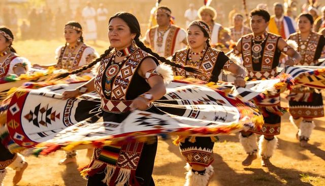 Sunlit festival dancers twirling beaded regalia and colorful shawls in motion