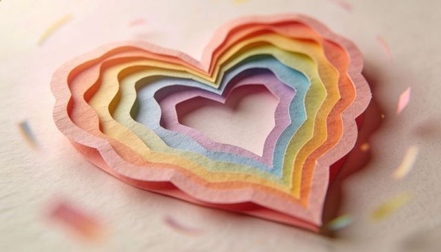 Layered pastel heart paper cutouts rainbow multicolor stacked heart craft closeup with confetti