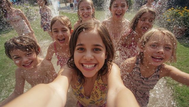 Happy Children Enjoying a Splash Pad Selfie in Summer Sun