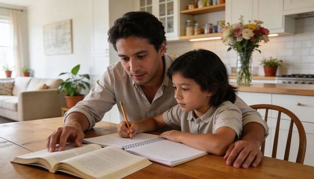 Father guiding son writing notebook at kitchen table using open book for homework