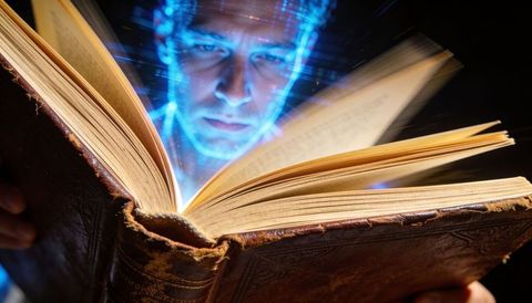 Holographic man emerging from antique leather book with glowing blue projection and vintage mystique