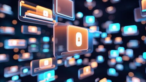 This depicts floating user interface panels with a central glowing orange design set in a digital network. Highlighting themes of technological advancement and connectivity, it is well-suited for illustrating concepts in cybersecurity, digital interfaces, AI integration, or innovative tech landscapes. Ideal for use in marketing materials, presentations on emerging technologies, or themed backdrops for digital technology conferences.