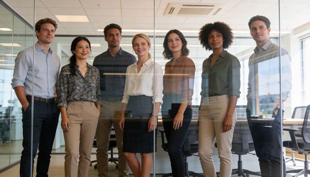 Diverse professional team standing in glass conference room corporate teamwork portrait