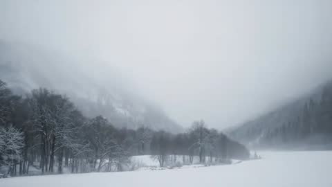 Fog drifting across alpine valley revealing distant ridges and snow-laced treeline