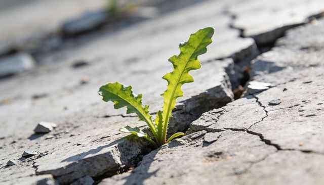 Green seedling sprouting through cracked concrete pavement, sunlit growth and resilience