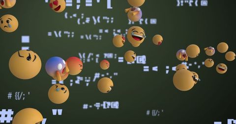 Floating emojis over digital interface displaying code