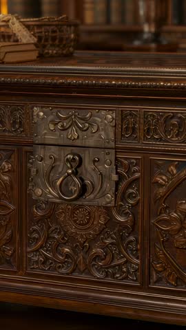 Vertical video focusing on ornate carved wooden chest with metal latch in classic library