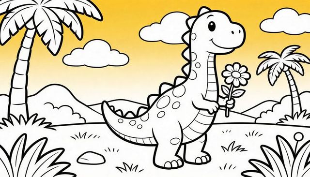 Standing friendly cartoon dinosaur holding daisy on tropical meadow with warm sunset sky